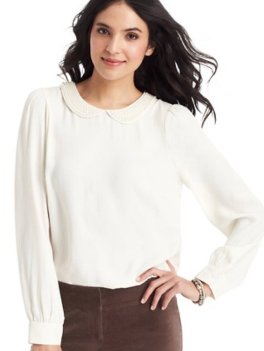 Loft SZM Ivory Silky Blouse Pearl Collar Career Romantic Staple Dressy Old Money